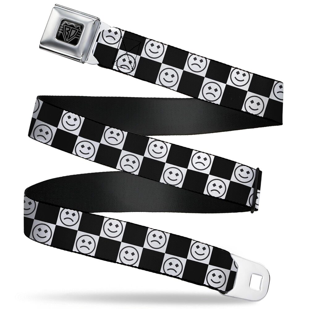 6471 Belt, Seatbelt Buckle Belt, Smiley Sad Face Checker Black White, 32 to